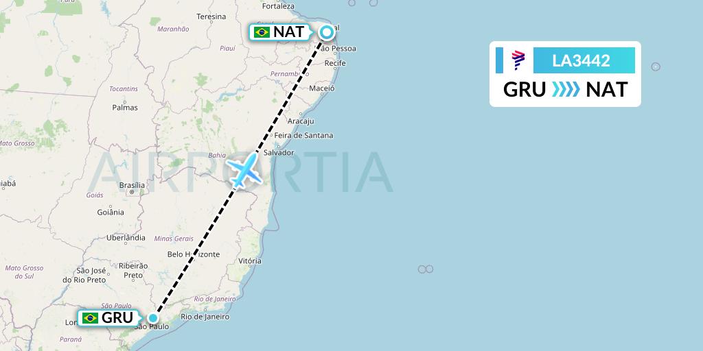 LA3442 LAN Airlines Flight Map: Sao Paulo to Natal