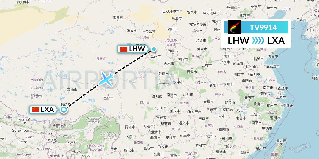 TV9914 Tibet Airlines Flight Map: Lanzhou to Lhasa