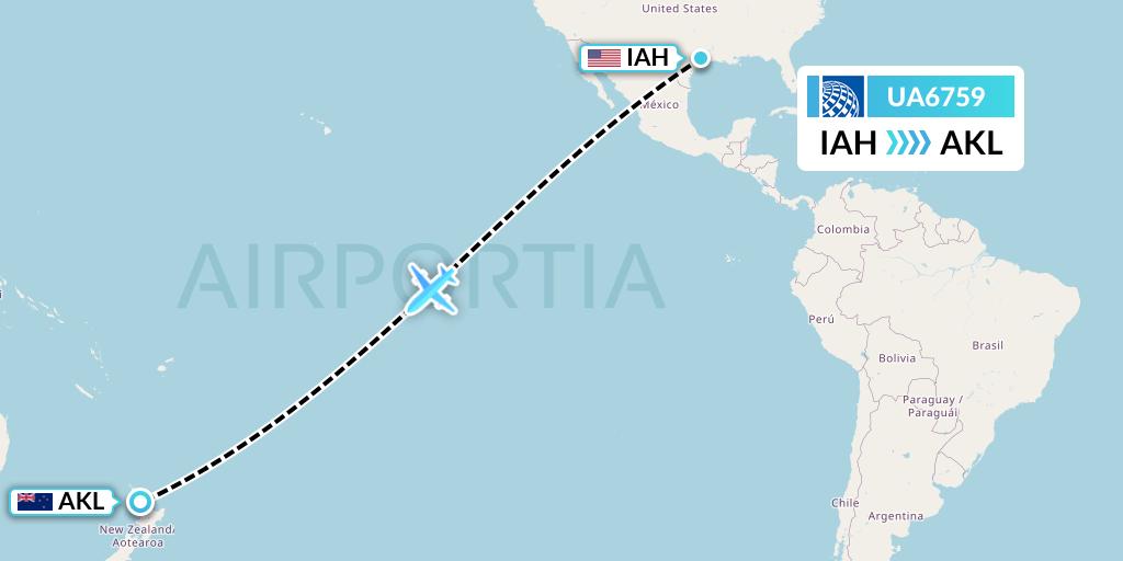 UA6759 United Airlines Flight Map: Houston to Auckland