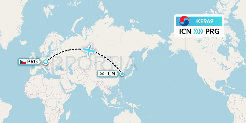 KE969 Korean Air Flight Map: Seoul to Prague