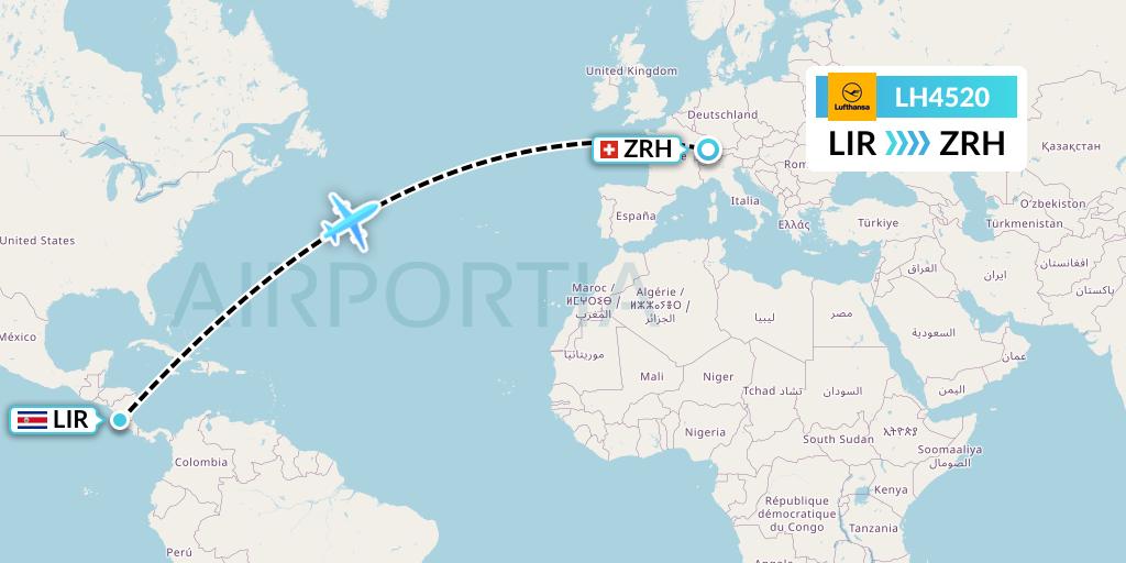 LH4520 Lufthansa Flight Map: Liberia to Zurich