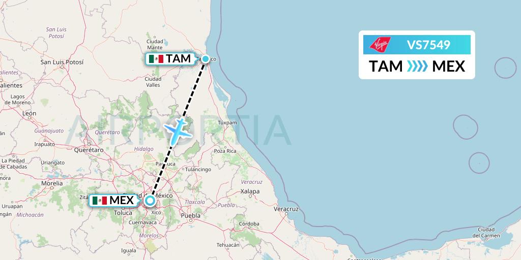 VS7549 Virgin Atlantic Airways Flight Map: Tampico to Mexico City