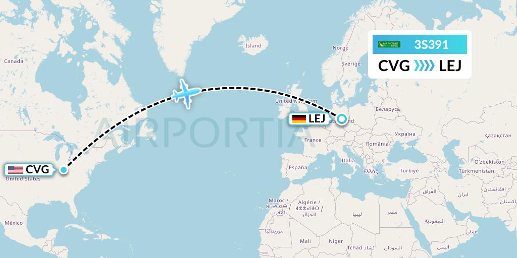 3S391 Air Antilles Express Flight Map: Cincinnati to Leipzig