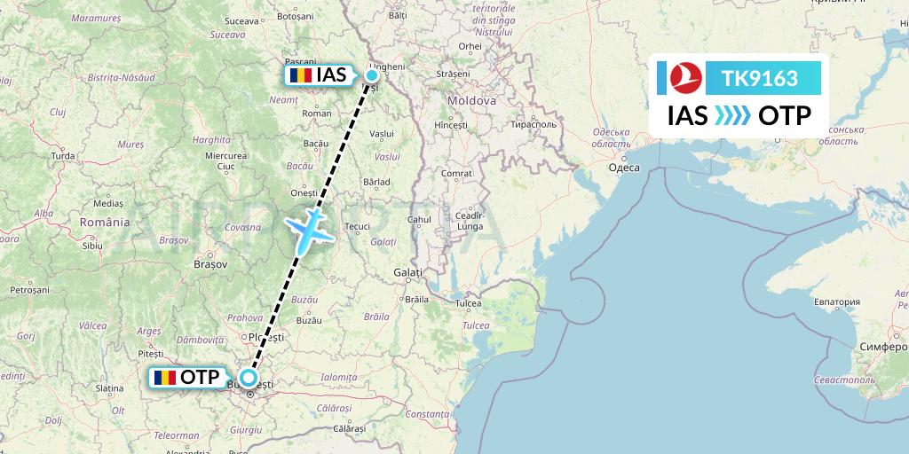 TK9163 Turkish Airlines Flight Map: Iasi to Bucharest