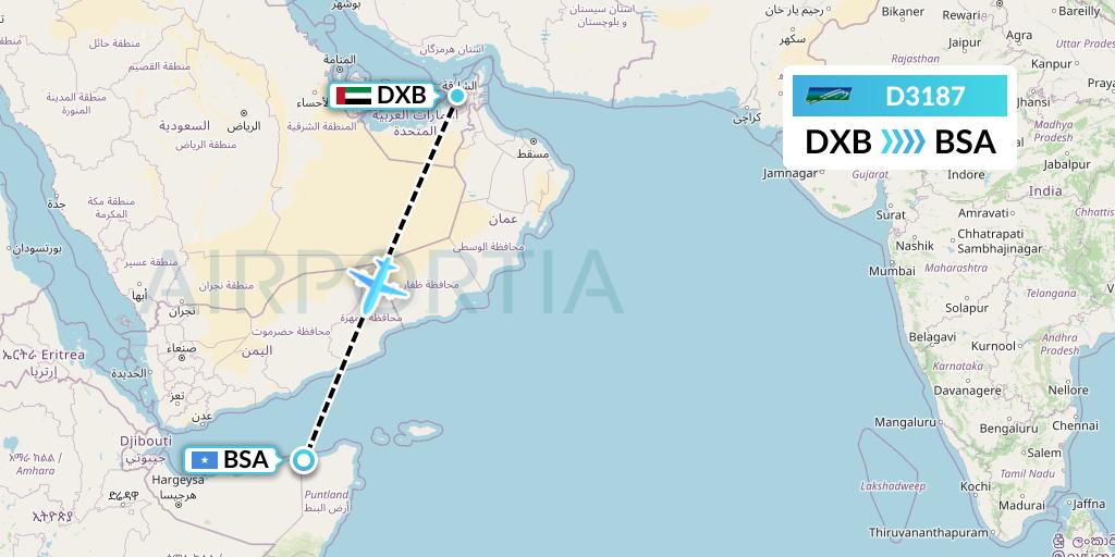 D3187 Daallo Airlines Flight Map: Dubai to Bosaso
