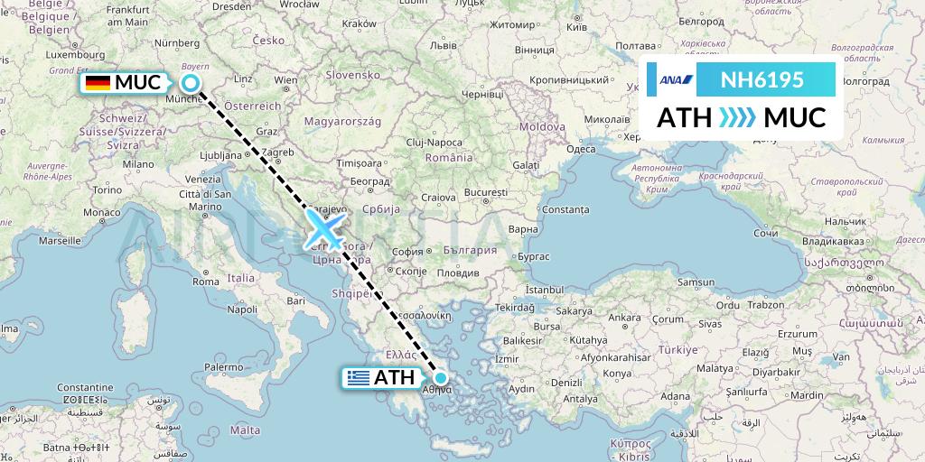 NH6195 All Nippon Airways Flight Map: Athens to Munich