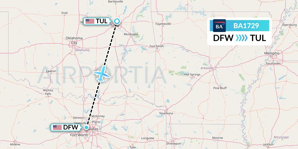 BA1729 British Airways Flight Map: Dallas to Tulsa