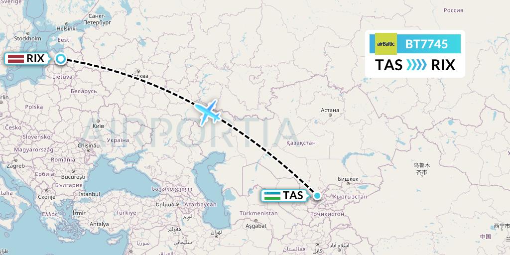 BT7745 Air Baltic Flight Map: Tashkent to Riga