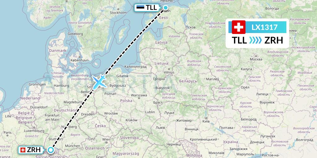 LX1317 Swiss Flight Map: Tallinn to Zurich