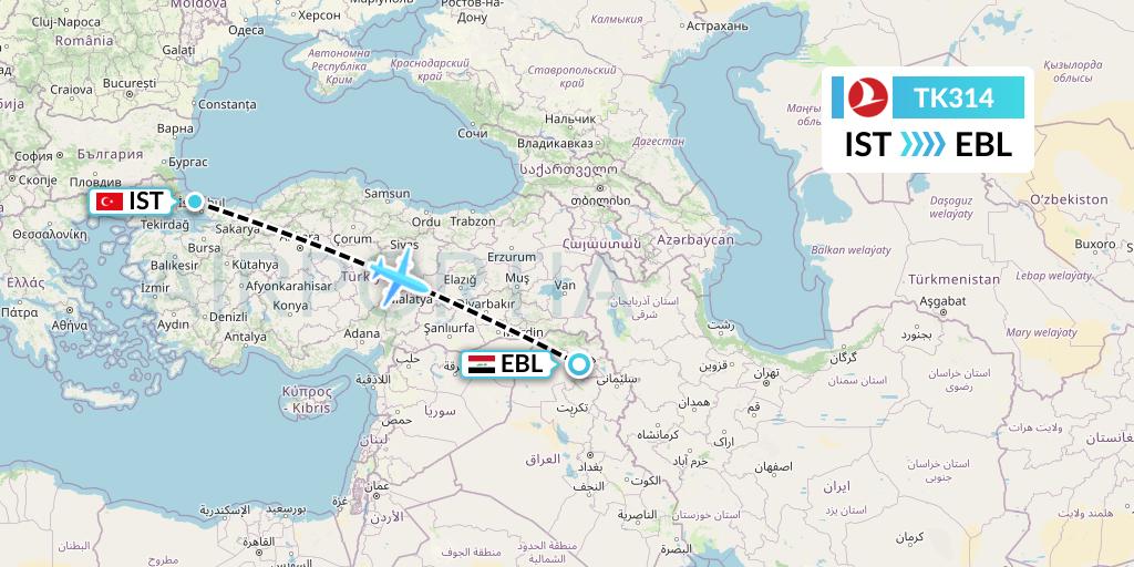 TK314 Turkish Airlines Flight Map: Istanbul to Arbil