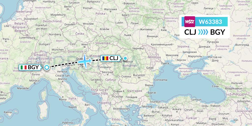 W63383 Wizz Air Flight Map: Cluj-Napoca to Milan