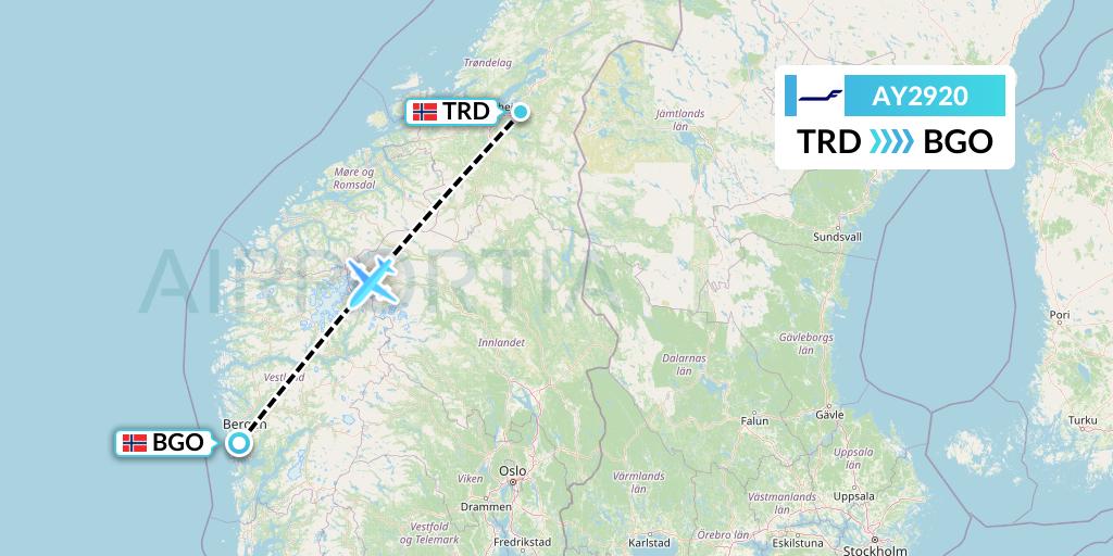 AY2920 Finnair Flight Map: Trondheim to Bergen
