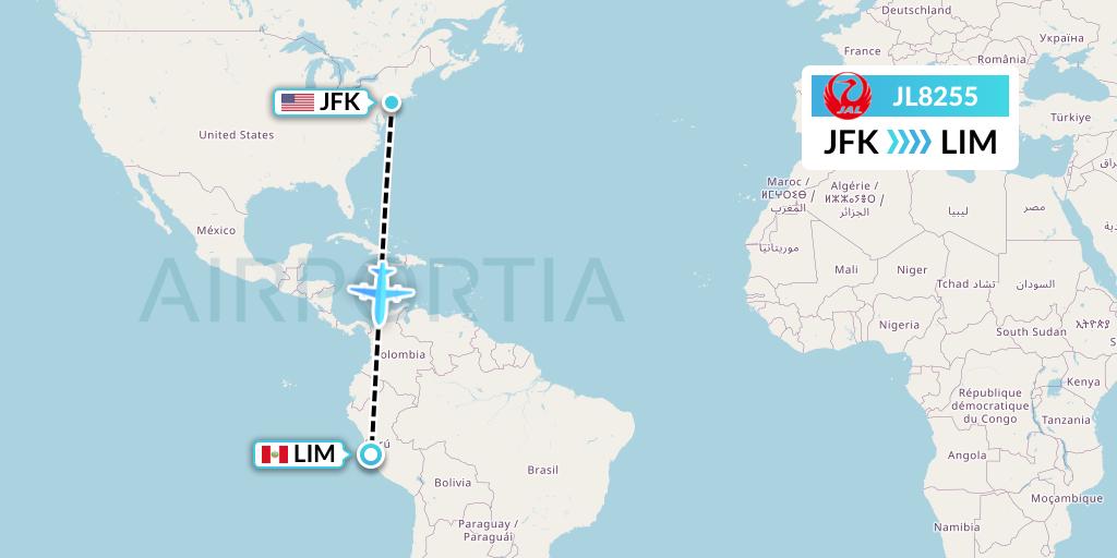 JL8255 Japan Airlines Flight Map: New York to Lima