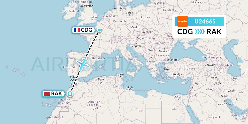 U24665 EasyJet Flight Map: Paris to Marrakesh 