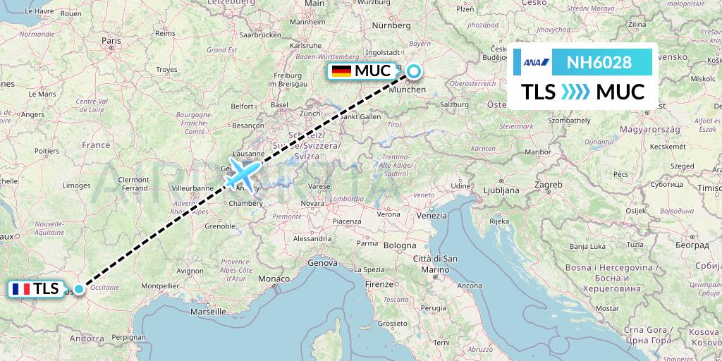 NH6028 All Nippon Airways Flight Map: Toulouse to Munich