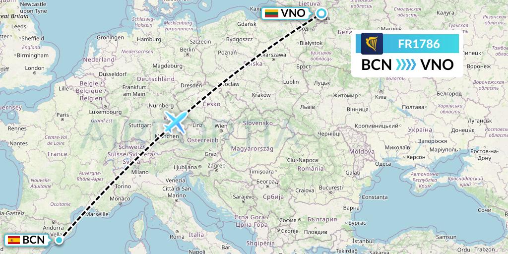 FR1786 Ryanair Flight Map: Barcelona to Vilnius