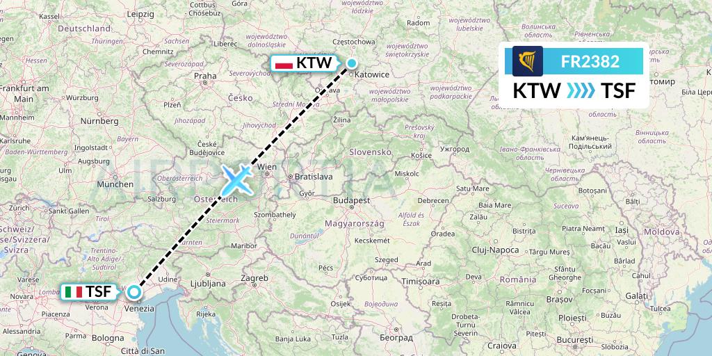 FR2382 Ryanair Flight Map: Katowice to Treviso