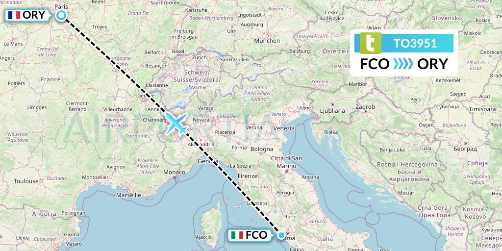 TO3951 Transavia France Flight Map: Rome to Paris