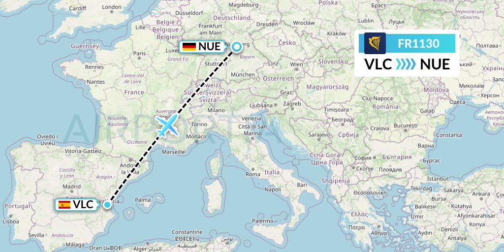 FR1130 Ryanair Flight Map: Valencia to Nurnberg