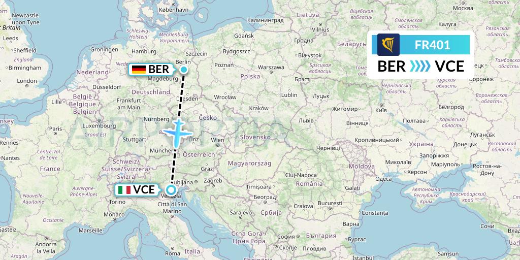 FR401 Ryanair Flight Map: Berlin to Venice