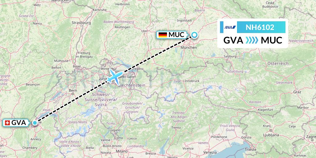 NH6102 All Nippon Airways Flight Map: Geneva to Munich