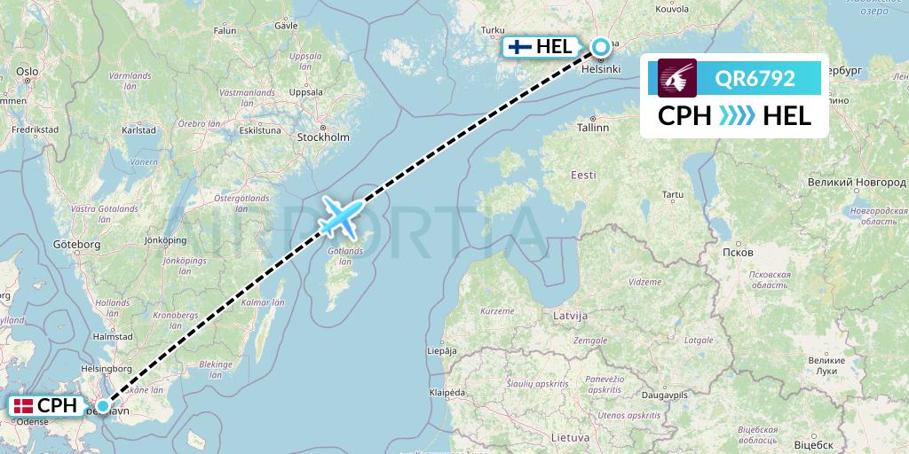 QR6792 Qatar Airways Flight Map: Copenhagen to Helsinki