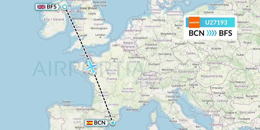 U27193 EasyJet Flight Map: Barcelona to Belfast