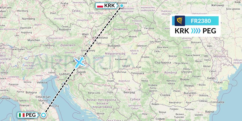 FR2380 Ryanair Flight Map: Krakow to Perugia