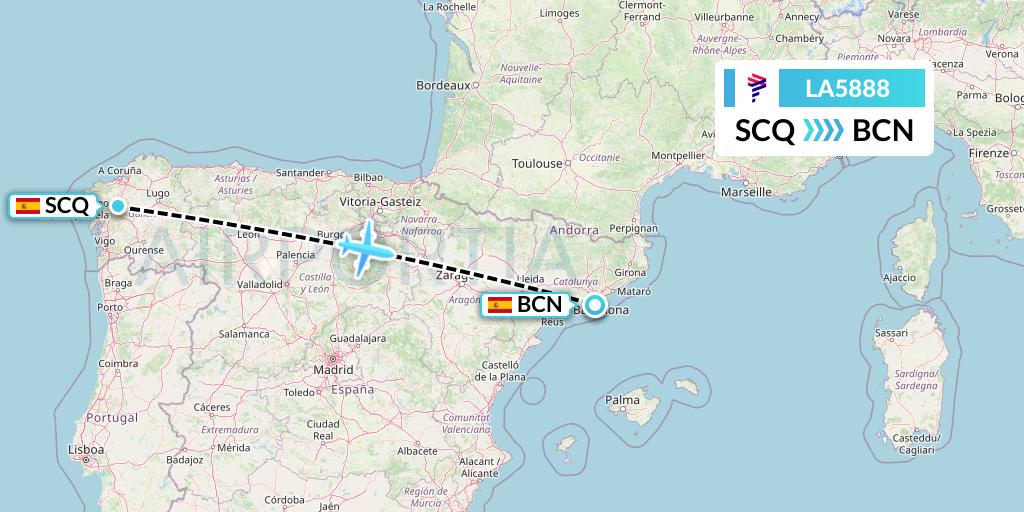 LA5888 LAN Airlines Flight Map: Santiago to Barcelona