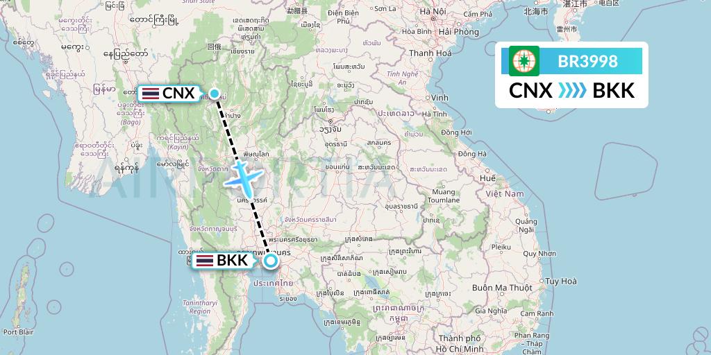 BR3998 EVA Air Flight Map: Chiang Mai to Bangkok