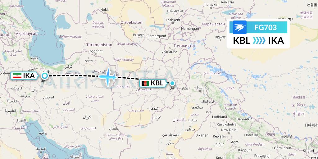 FG703 Ariana Afghan Airlines Flight Map: Kabul to Tehran