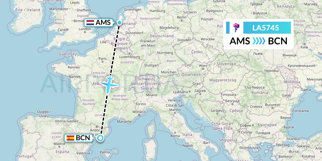 LA5745 LAN Airlines Flight Map: Amsterdam to Barcelona