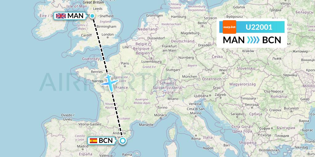 U22001 EasyJet Flight Map: Manchester to Barcelona