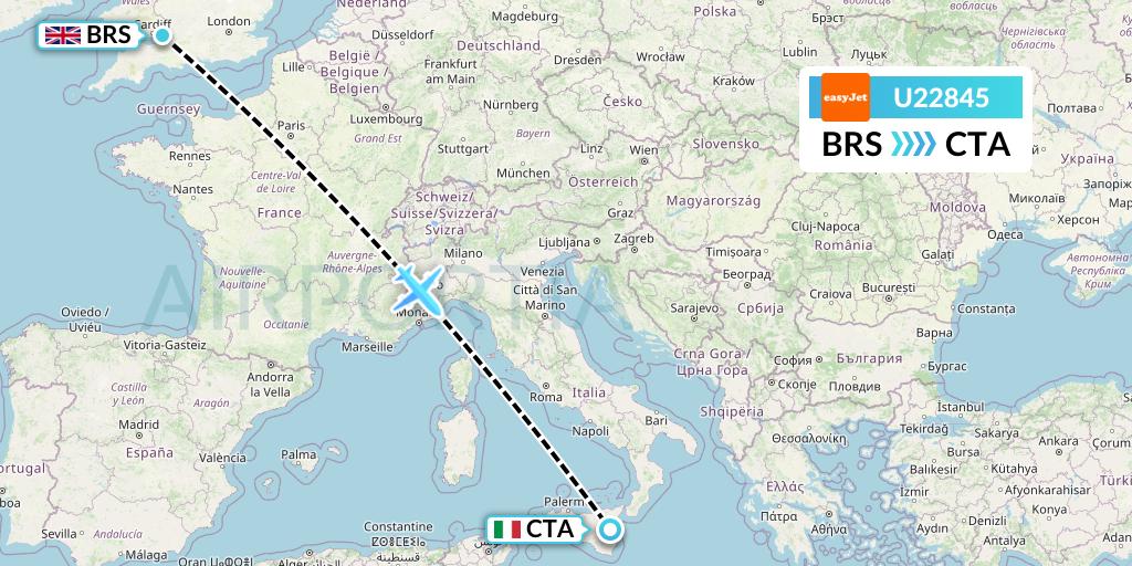 U22845 EasyJet Flight Map: Bristol to Catania