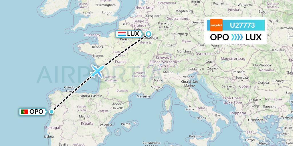 U27773 EasyJet Flight Map: Porto to Luxembourg