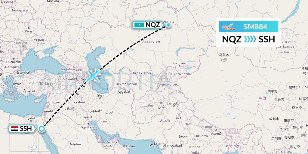 SM884 Air Cairo Flight Map: Astana to Sharm el-Sheikh