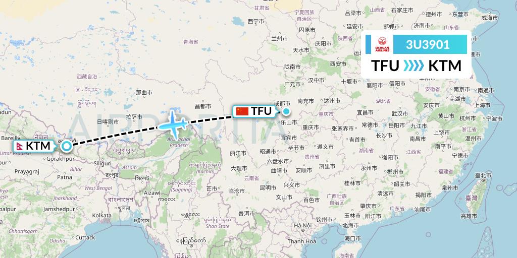 3U3901 Sichuan Airlines Flight Map: Chengdu to Kathmandu