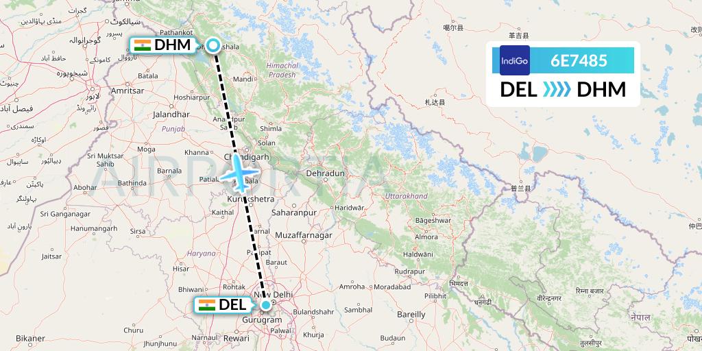 6E7485 IndiGo Airlines Flight Map: Delhi to Dharamsala