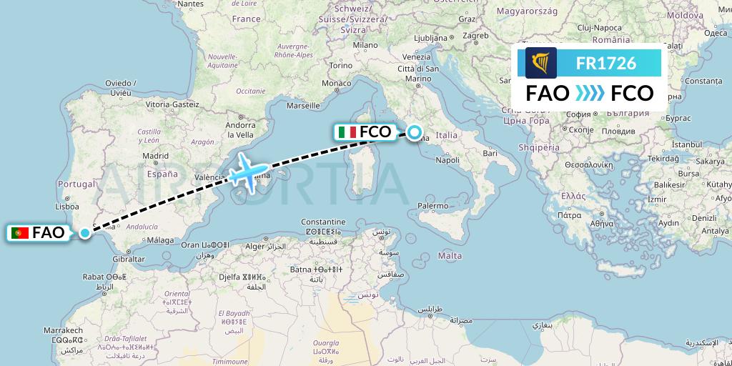 FR1726 Ryanair Flight Map: Faro to Rome