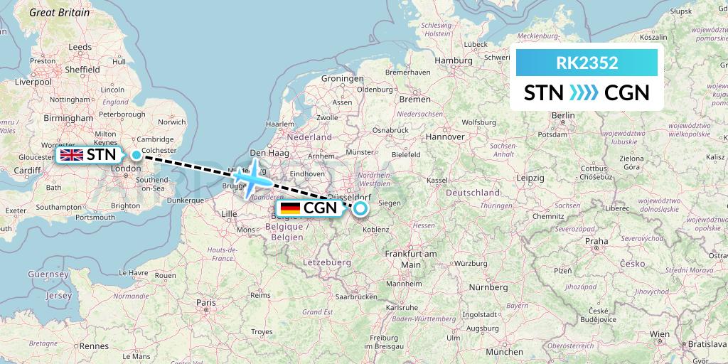 RK2352 Ryanair UK Flight Map: London to Cologne