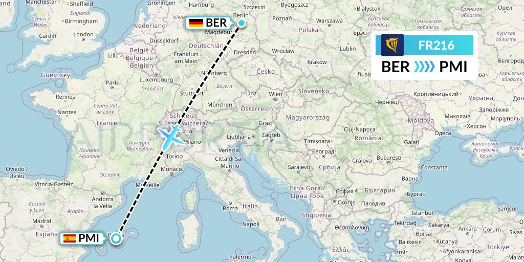 FR216 Ryanair Flight Map: Berlin to Palma de Mallorca