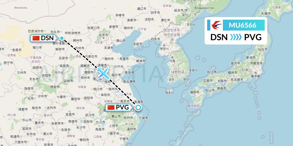 MU6566 China Eastern Airlines Flight Map: Dongsheng to Shanghai