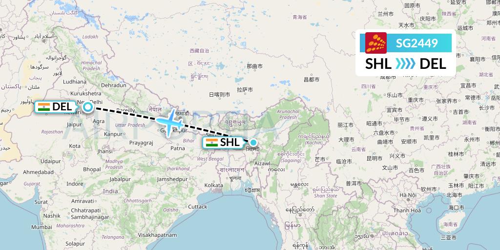 SG2449 SpiceJet Flight Map: Shillong to Delhi