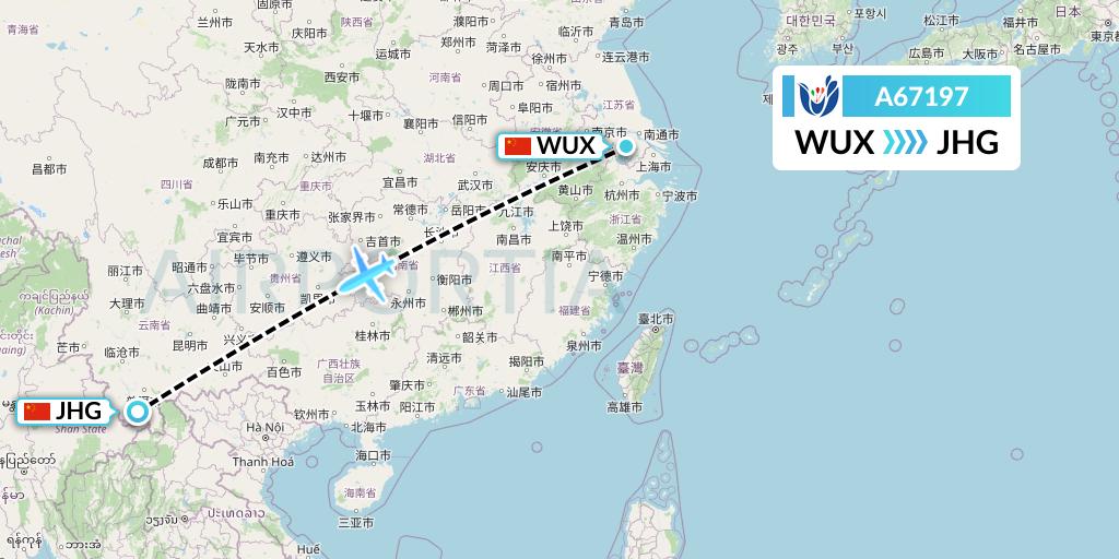 A67197 Hongtu Airlines Flight Map: Wuxi to Jinghong