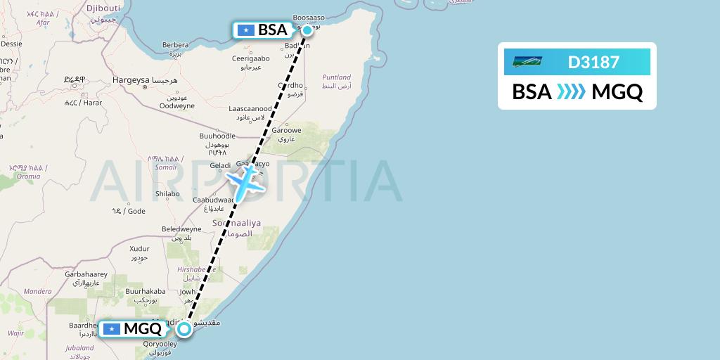 D3187 Daallo Airlines Flight Map: Bosaso to Mogadishu