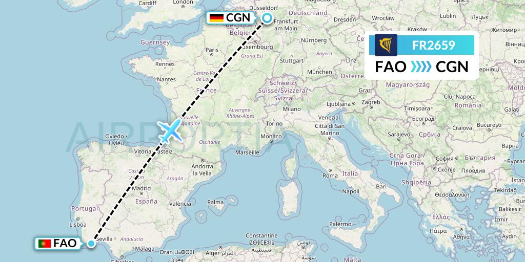 FR2659 Ryanair Flight Map: Faro to Cologne