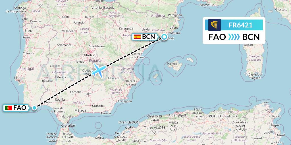 FR6421 Ryanair Flight Map: Faro to Barcelona