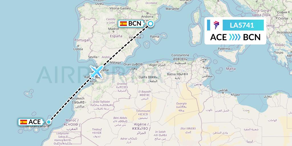 LA5741 LAN Airlines Flight Map: Lanzarote to Barcelona