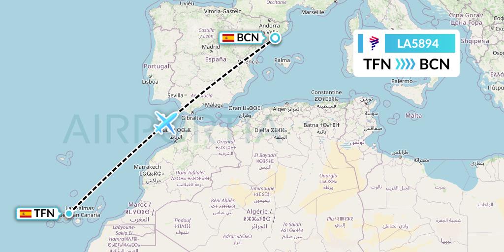 LA5894 LAN Airlines Flight Map: Tenerife to Barcelona