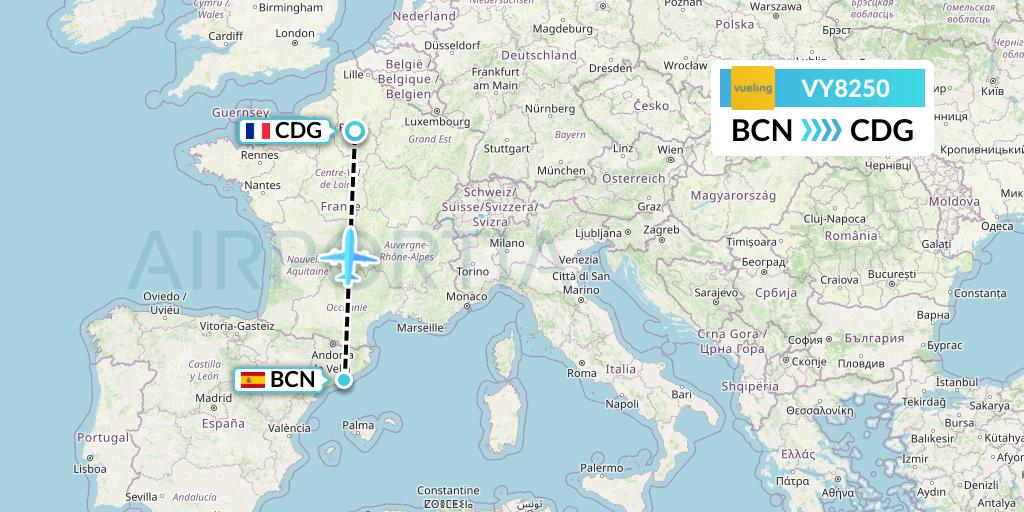 VY8250 Vueling Flight Map: Barcelona to Paris